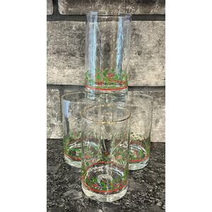 4 Arby’s Christmas Flat Iced Tea Glasses Gold Rim Holly Berries Swirl Optic